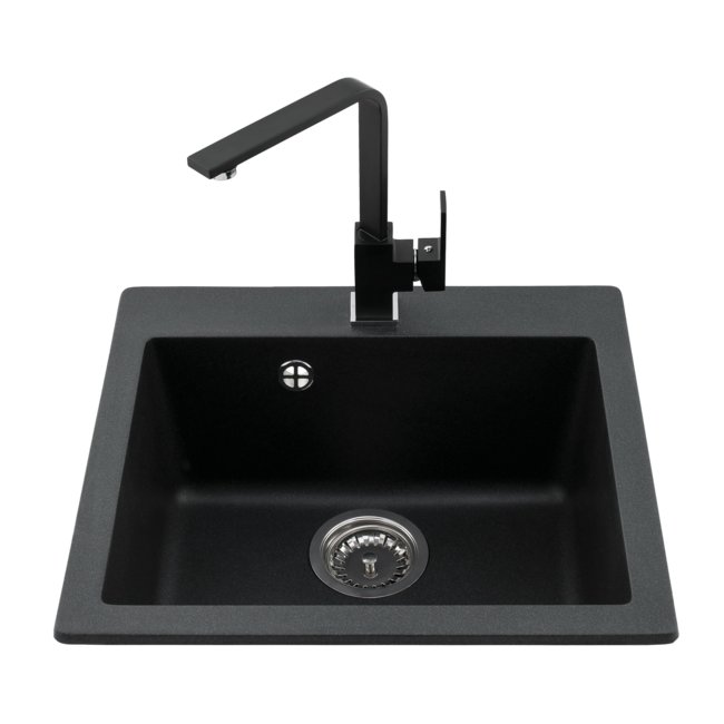 Set granite sink EMPORIO 1 bowl without drainer + manual siphon + kitchen faucet MILAN - finishing Black Metalic