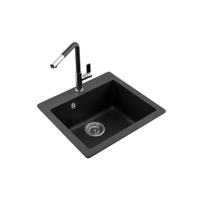 Set granite sink EMPORIO 1 bowl without drainer + manual siphon + kitchen faucet SOHO "F" - finishing Black Metalic